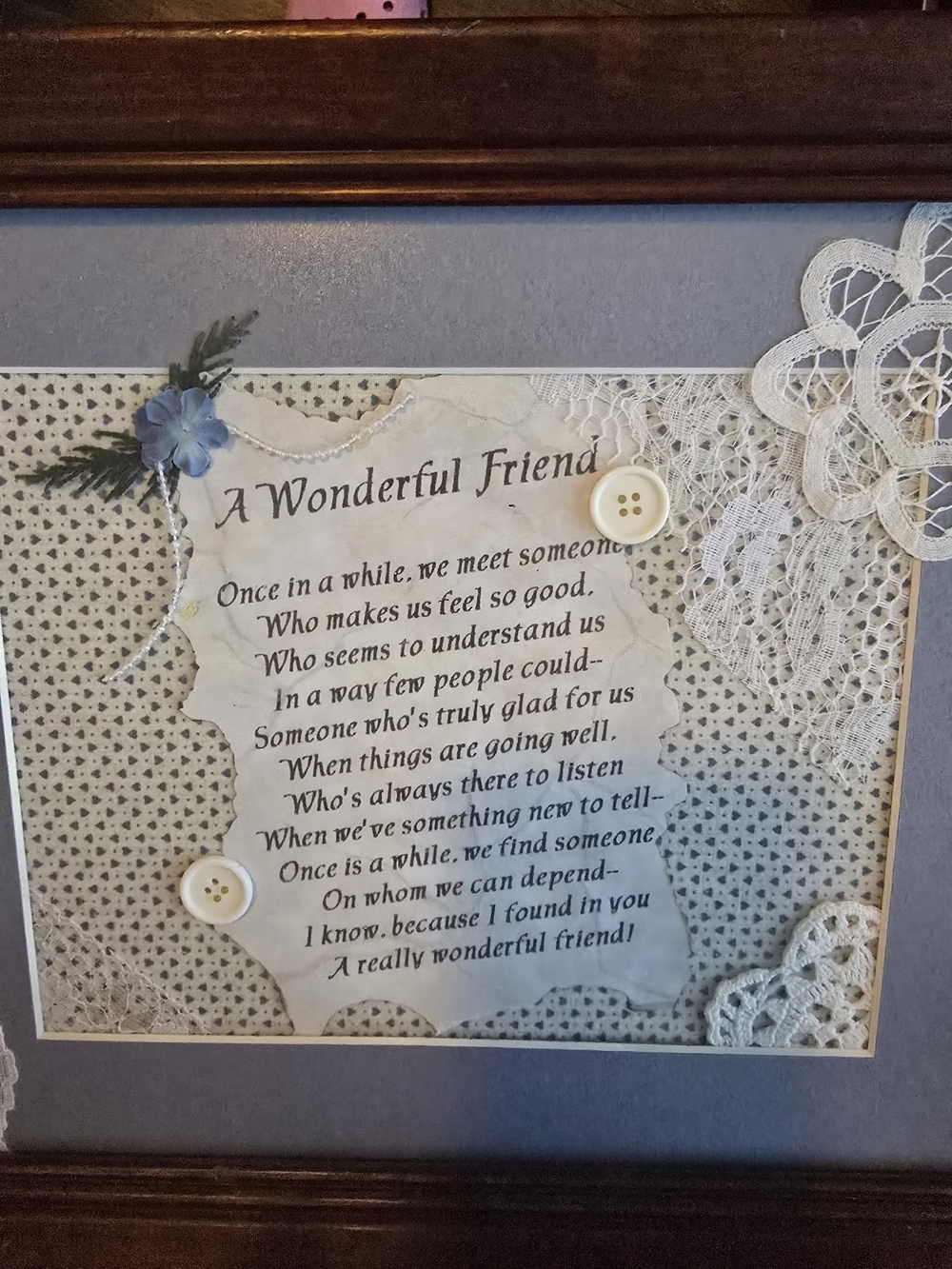 Vintage Framed 'A Wonderful Friend' Decor Lace Wall Art 16x13 Cottage Whimsy